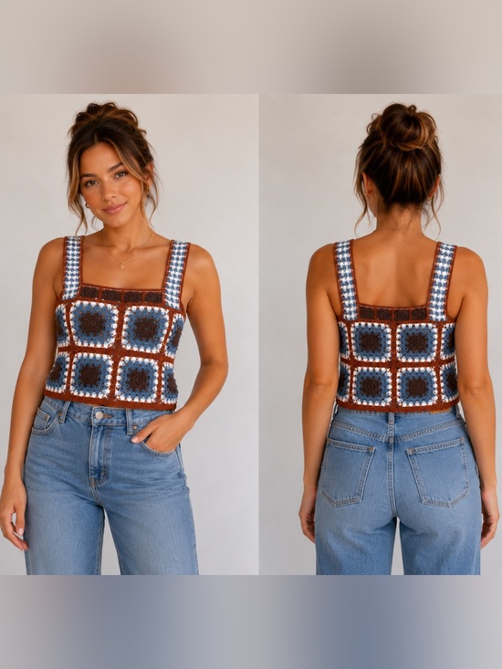 Unbranded Tops - Boho Crochet Granny Square-Panel Crop Tank Top in Blue and Brown - GUC